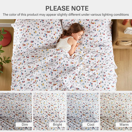 Sleep Philosophy True North 100% Cotton Flannel Sheets Cal King Size, Cozy Flannel Sheet Set Brushed for Extra Softness, Heavyweight Novelty Print Warm Flannel Bedding Set, White Village Print 4 Piece