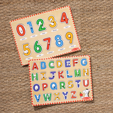 Melissa & Doug Rompecabezas de madera con pestañas de animales y números, paquete de 2 para niños y niñas – Alfabeto, Números
