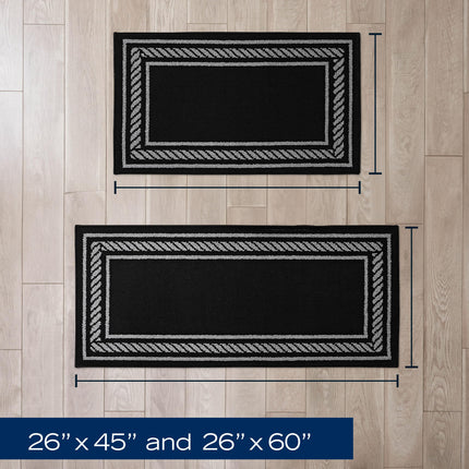 Nautica – Runner Rug 2 Piece Set | Indoor Runners for Hallways and Entry Rugs| Non-Skid Entry and Kitchen Door Mat| Machine Washable Carpet Rugs | 2'2" x 3'9" and 2'2" x 5' | Rope Border Black