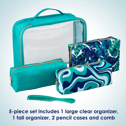 Conair 5 Piece Toiletry and Cosmetic Bag Set Under $30, Includes 4 Makeup Bags and 1 Travel Comb in Teal Palm Prints