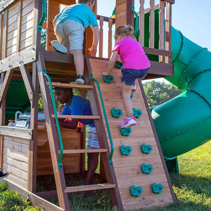 Backyard Discovery Cedar Cove Swing Set | 3m Slide, Tube Slide & Rock Wall
