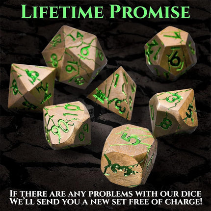 Metal Dice for DND - Ancient Cracked Pharaoh Ruins - Gold Green Cracks