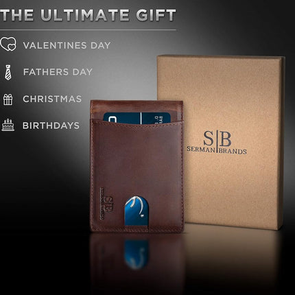 SERMAN Brands RFID Blocking Slim Bifold Genuine Leather Minimalist Front Pocket Wallets for Men with Money Clip Thin Gift, A. Texas Brown 1.s, Small
