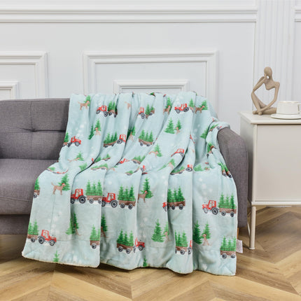 Elegant Comfort Reversible and Ultra-Plush Flannel Fleece-Winter Christmas Sherpa Throw- Lightweight Soft and Cozy-Holiday Decorative Throw, Perfect for Lounging, 50 x 60 inches, Tractor Tree