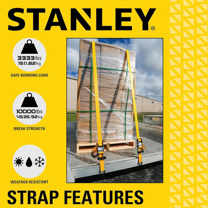 STANLEY S10000J Black/Yellow 2" x 27' Ratchet Strap with Double J-Hooks - 3,333 LBS Safe Working Load / 10,000 LBS Break Strength