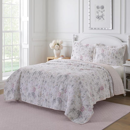 Laura Ashley 100% Cotton, Reversible, Lightweight & Breathable Bedding, Pre-Washed for Added Softness, Pink/Grey, Queen