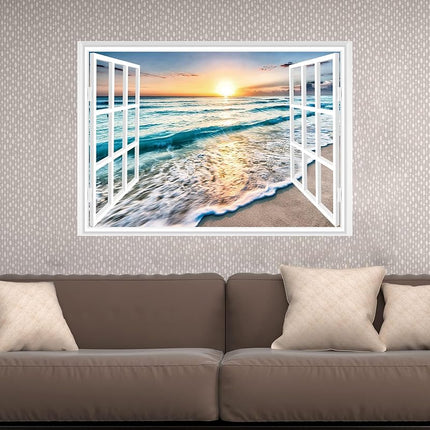 FLFK Fake Window Wall Sticker - Sunset Beach Faux Window Wall Mural for Wall Decor, Stick and Peel Wall Decals, 48"x32", Set of 2 Sheets