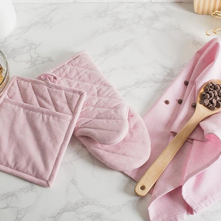 DII 100% Cotton Solid Chambray Kitchen Set, Oven Mitts, Rose, 2 Piece