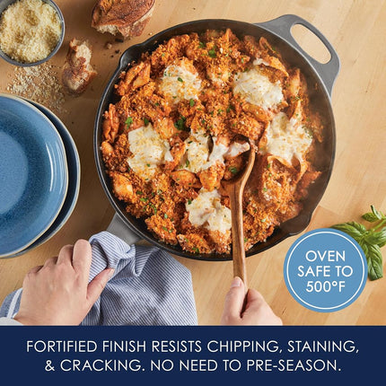 Rachael Ray Nitro Cast Iron Frying Pan/Skillet with Helper Handle and Pour Spouts, 12 Inch, Gray