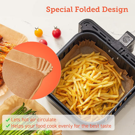 COSORI Air Fryer Liners, 100 PCS Square Disposable Paper Liners, Non-Stick Silicone Oil Coating, Little to No Cleaning, 7.9" Unbleached Food Grade, Resistant to 465�F, Thickened Not Easy to Break
