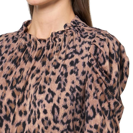 Adrianna Papell Women's Ruffle Neck Short Sleeve Dress Casual, Realistic Cheetah, S