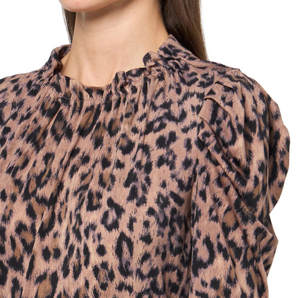 Adrianna Papell Women's Ruffle Neck Short Sleeve Dress Casual, Realistic Cheetah, S
