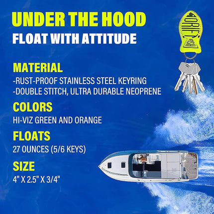 DriftFish Floating Neoprene Boat Keychain Key Float | Jumbo Size | Float 5 to 6 Keys | Waterproof Key Chain, Green and Orange