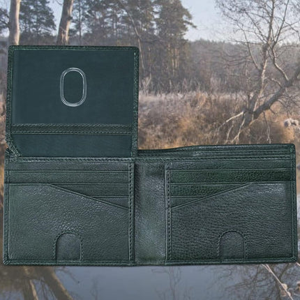 Billetera de cuero tipo bífold RFID para hombre con identificación desplegable en Vintage Buffalo Brown, Buffalo Wild Green Trail, Classic