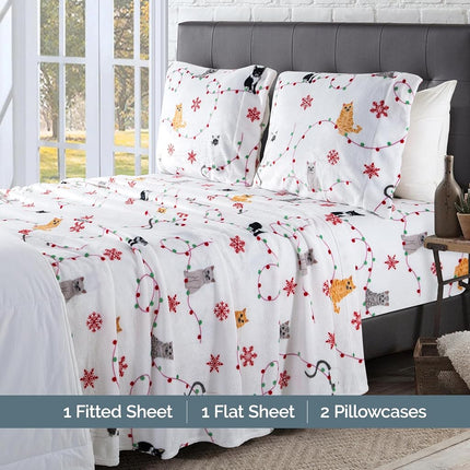 Elegant Comfort Luxuriously Soft 4-Piece Holiday Velvet Plush Flannel Sheet Set - Premium Quality - Cozy Warm, Christmas Fuzzy Velvet Flannel Fleece Deep Pocket Sheet Set - Twin XL, Jingle Cats