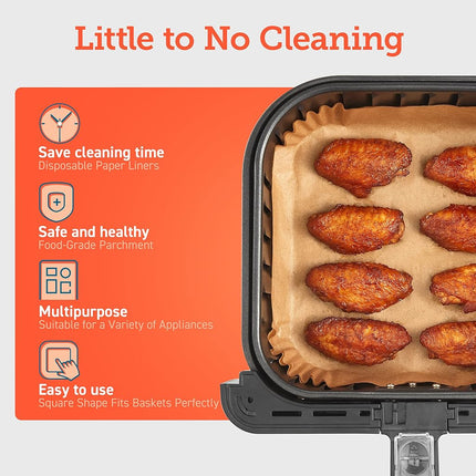 COSORI Air Fryer Liners, 100 PCS Square Disposable Paper Liners, Non-Stick Silicone Oil Coating, Little to No Cleaning, 7.9" Unbleached Food Grade, Resistant to 465�F, Thickened Not Easy to Break