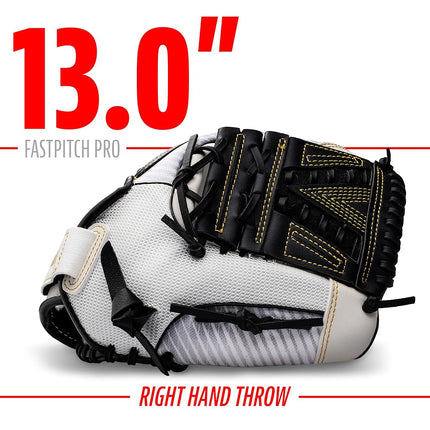 Guante de sóftbol Franklin Sports Fastpitch - Fastpitch Pro - Guante de sóftbol para adultos y jóvenes - Para cuadro interior y exterior - Guante para mano derecha - Blanco/Dorado - 13" para diestros