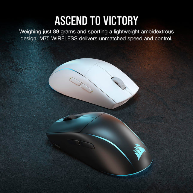 Ratón para juegos FPS ligero Corsair M75 Wireless RGB – 26 000 PPP – Botones laterales intercambiables – Compatible con iCUE – PC – Negro