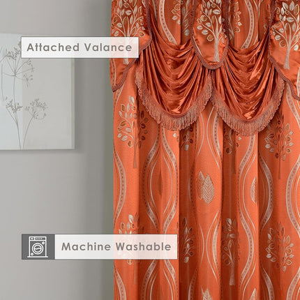 Elegant Comfort Luxurious Aurora Jacquard Look Curtain Panel Set with Attached Valance 54" X 63 inch (Set of 2), Rusty Red