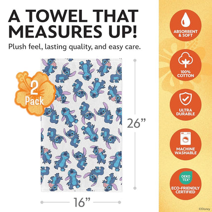 Disney Kitchen Towels – 2-Pack 100% Cotton Kitchen Towels Set – 16" x 26" Soft & Absorbent Dish Towels – Mickey, Minnie & Stitch Designs – Durable, Machine Washable (Stitch)