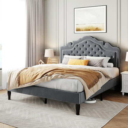 SHA CERLIN Full Size Bed Frame with Adjustable Headboard/Velvet Upholstered/Diamond Button Tufted and Metal Studs/No Box Spring Needed/Wooden Slat Support/Easy Assembly/Light Grey