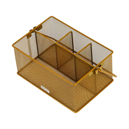 Mind Reader Metal Mesh Basket with Handle, Storage Basket Organizer, Utensil Holder, Forks, Spoons, Knives, Napkins, Perfect for Desk Supplies, Pencils, Pens, Staples, Gold