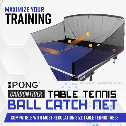 JOOLA iPong Carbon Fiber Table Tennis Ball Catch Net - Practice Net Attaches to Ping Pong Table for Ball Coll, Serve or Multi-Ball Training,Gray/Black