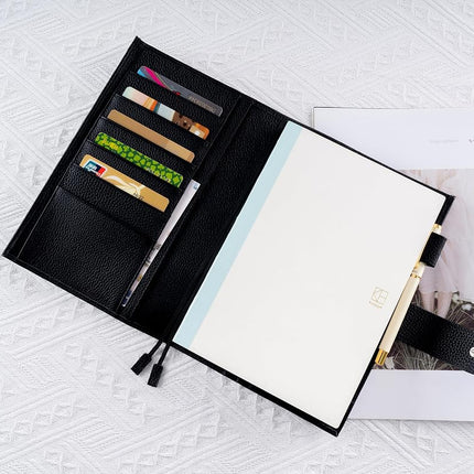 Ox Knight A5 Leather Planner Cover for Hobonichi Cousin, Stalogy, Midori, Leuchtturm1917, and More - with Pen Loop, Card Slots, Back Pocket, and Bookmarks (Black)