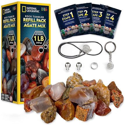Kit de Recarga para Pulidor de Rocas National Geographic - 1 libra de Agatas Rojas Auténticas para Pulir - Los Suministros Incluyen Grano y Accesorios de Joyería, Ágata Bruta