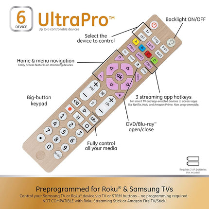 GE 4-Device Universal Remote Control - Backlit Buttons, Samsung, LG, Vizio, Sony, Roku & Apple TV Replacement, Silver, 48844