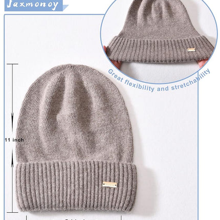 jaxmonoy Bonnets slouchy en cachemire pour femmes, hiver léger, bonnet tricoté en laine pour filles, bonnet slouch doux et chaud avec revers, marron, M