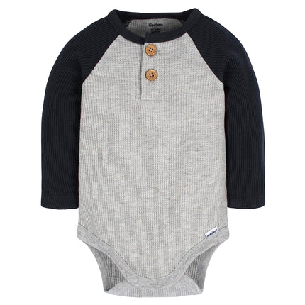 Gerber Baby Boys' 2-Pack Long Sleeve Henley Onesies, Red Black Heather Grey, 0-3 Months