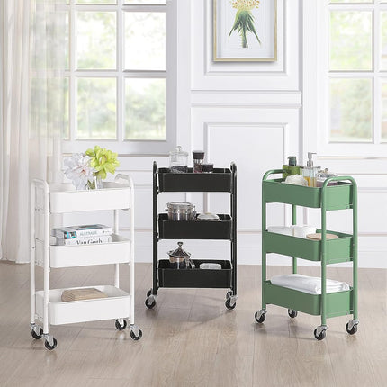 SunnyPoint Chariot de rangement mobile compact en métal à 3 niveaux – Chariot de service de cuisine/sous le bureau avec roulettes (WHT, Compact (15,5" X 26,8" X 10,27"))