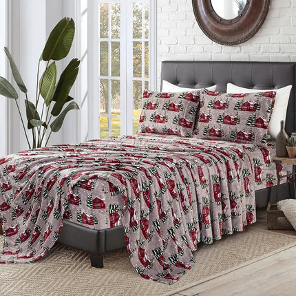Elegant Comfort Luxuriously Soft 4-Piece Holiday Velvet Plush Flannel Sheet Set - Premium Quality - Cozy Warm, Christmas Fuzzy Velvet Flannel Fleece Deep Pocket Sheet Set - Twin XL, Snowybarn