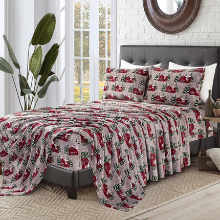 Elegant Comfort Luxuriously Soft 4-Piece Holiday Velvet Plush Flannel Sheet Set - Premium Quality - Cozy Warm, Christmas Fuzzy Velvet Flannel Fleece Deep Pocket Sheet Set - Twin XL, Snowybarn