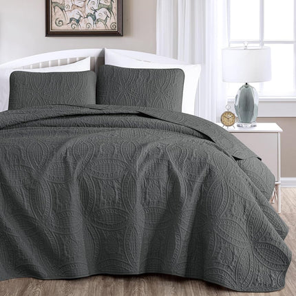 Chezmoi Collection Austin 3-Piece Oversized Bedspread Coverlet Set (Queen, Charcoal), Microfiber