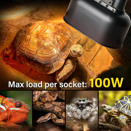 Simple Deluxe Reptile Lamp Fixture Aluminum Dome Light Dual Deep Cap Integration Design Heat-Lighting Lamp Double Sockets Bulbs Holder with Independent Switches, for Amphibians Terrarium, Turtle Tank