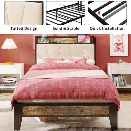 LIKIMIO Twin XL Bed Frames, Storage Headboard with Charging Station, Solid and Stable, Noise Free, No Box Spring Needed, Easy Assembly (Walnut and Beige)