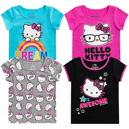Hello Kitty Sanrio Girls 4 Pack Short Sleeve T-Shirt for Little and Big Kids, Multicolor, 7