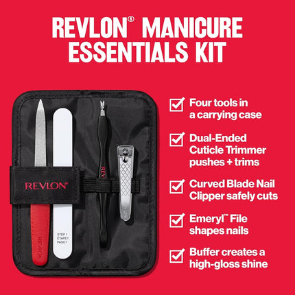 Revlon Nail Care Set with Travel Case, Dual Ended Cuticle Trimmer, Curved Blade Nail Clipper, Compact Emery Nail File and Buffer, Red, 1 Count