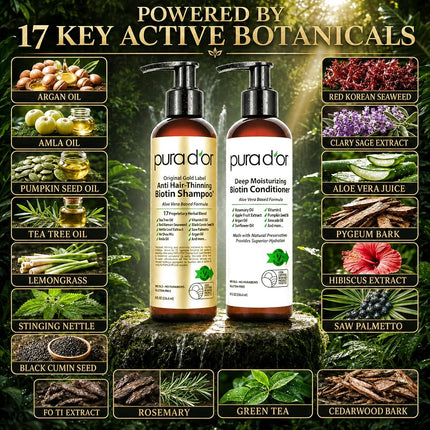 PURA D'OR Anti-Thinning Biotin Shampoo & Conditioner (8oz x 2) Original Gold Label Set, Clinically Tested Effective Solution with Herbal DHT Blockers, All Hair Types, Men & Women (Packaging may vary)
