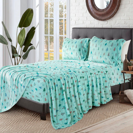 Elegant Comfort Luxuriously Soft 4-Piece Holiday Velvet Plush Flannel Sheet Set - Premium Quality - Cozy Warm, Christmas Fuzzy Velvet Flannel Fleece Deep Pocket Sheet Set - Twin XL, Mint Pine Trees