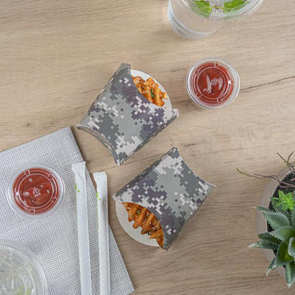 Bio Tek 3.9 x 2.6 x 3.5 Inch French Fry Cup, 100 Disposable Snack Cups - Stackable, Sustainable, Camouflage Paper 2 Ounce Fry Holder, For Fries, Onion Rings, Popcorn, or Cookies - Restaurantware