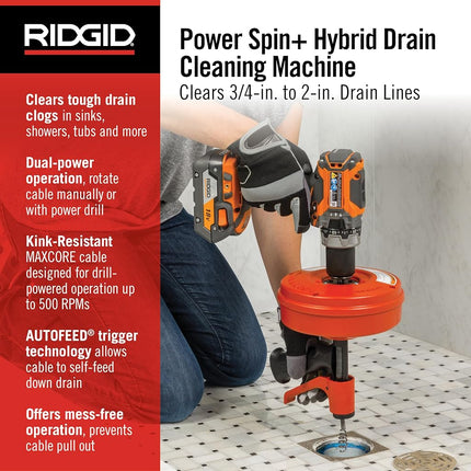 RIDGID 57043 Power Spin avec AUTOFEED, câble de nettoyage de drains Maxcore et tarière de drainage à bulbe pour enlever les bouchons