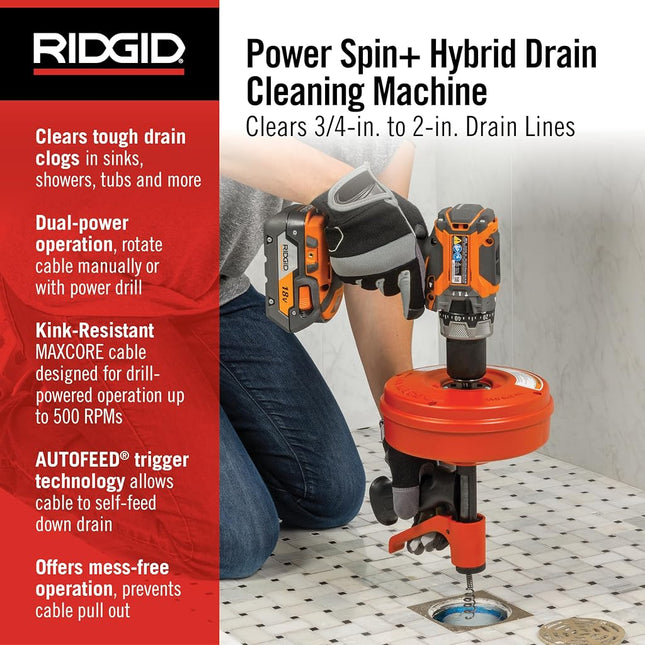 RIDGID 57043 Power Spin with AUTOFEED, Maxcore Drain Cleaner Cable and Bulb Drain Auger to Remove Clogs