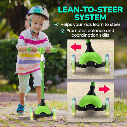Hurtle Mini Kickboard Scooter for Kids - Height Adjustable 25''-28'', Lightweight 3-Wheel Toddler Scooter with LED Light-up Wheels, Anti-Slip,Indoor/Outdoor Fun for Ages 2-5 (Green)