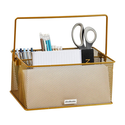 Mind Reader Metal Mesh Basket with Handle, Storage Basket Organizer, Utensil Holder, Forks, Spoons, Knives, Napkins, Perfect for Desk Supplies, Pencils, Pens, Staples, Gold