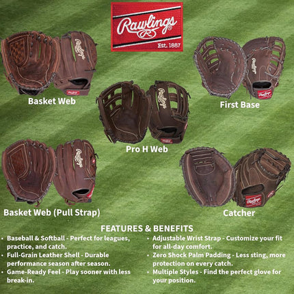 Rawlings Player Preferred Baseball Glove, Regular, Slow Pitch Pattern, Pro H-Web, 12-1/2 Inch