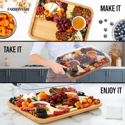 FARBERWARE Build-A-Board Acacia Cutting Board with Clear Locking Lid and White Handles, Perfect for Charcuterie, Snacks, and More - Make it. Take it. Enjoy it, 11x14 Inches, Single Compartment