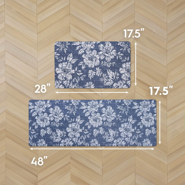 Laura Ashley - Anti-Fatigue Kitchen Mat, Iris Floral Design, Stain, Water & Fade Resistant, Cooking & Standing Relief, Non-Slip Backing, 2 Piece Set, Navy Iris